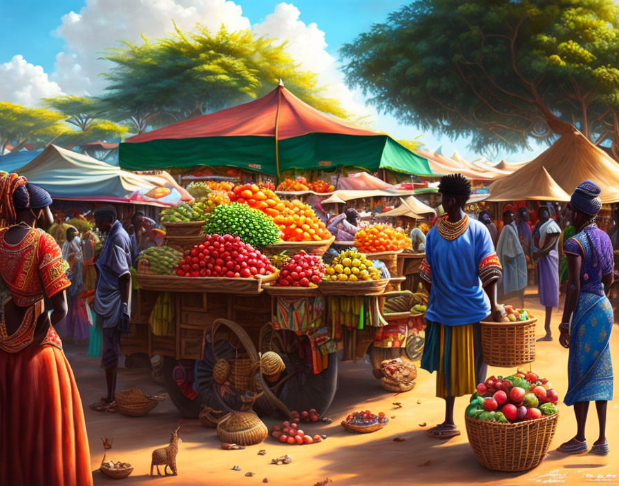 Colorful Fruit Market Scene Under Clear Sky and Trees