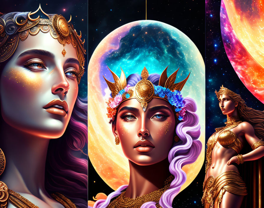 Digital Artwork: Three Stylized Woman Portraits with Golden Headdresses