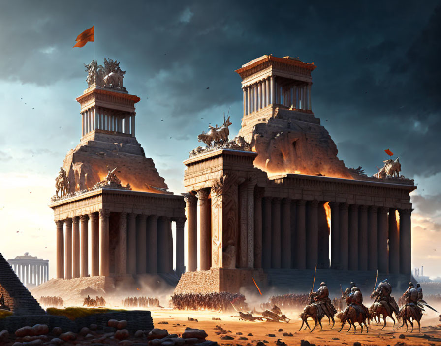 Ancient citadels with imposing columns and chariots, warriors near serene beach