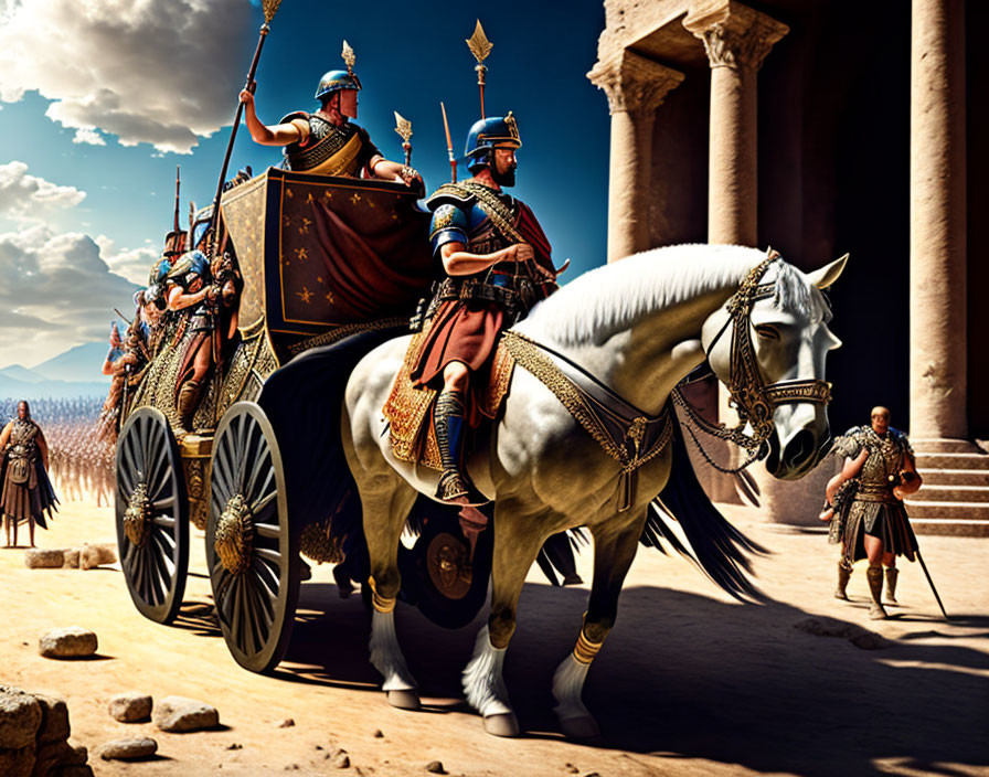 Ancient Roman soldiers on chariot with temple background