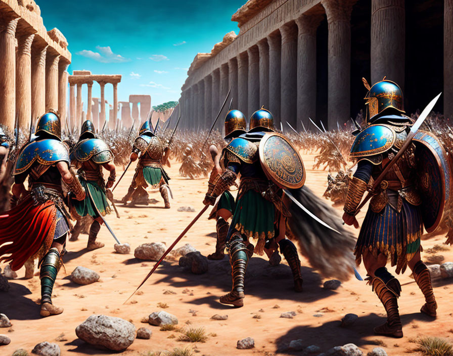 Armored ancient warriors with spears and shields in sandy arena.