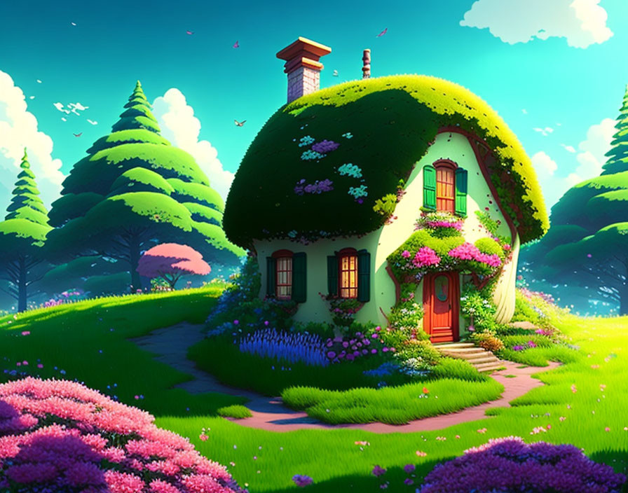 Colorful illustration of thatched-roof cottage in lush greenery