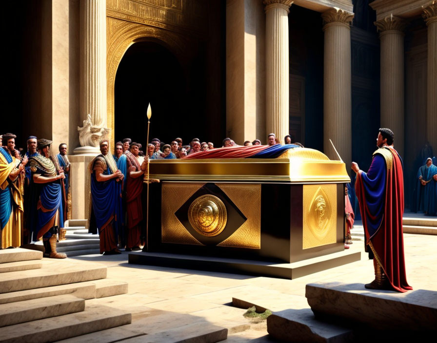 Golden sarcophagus in grand hall with solemn figures and towering columns