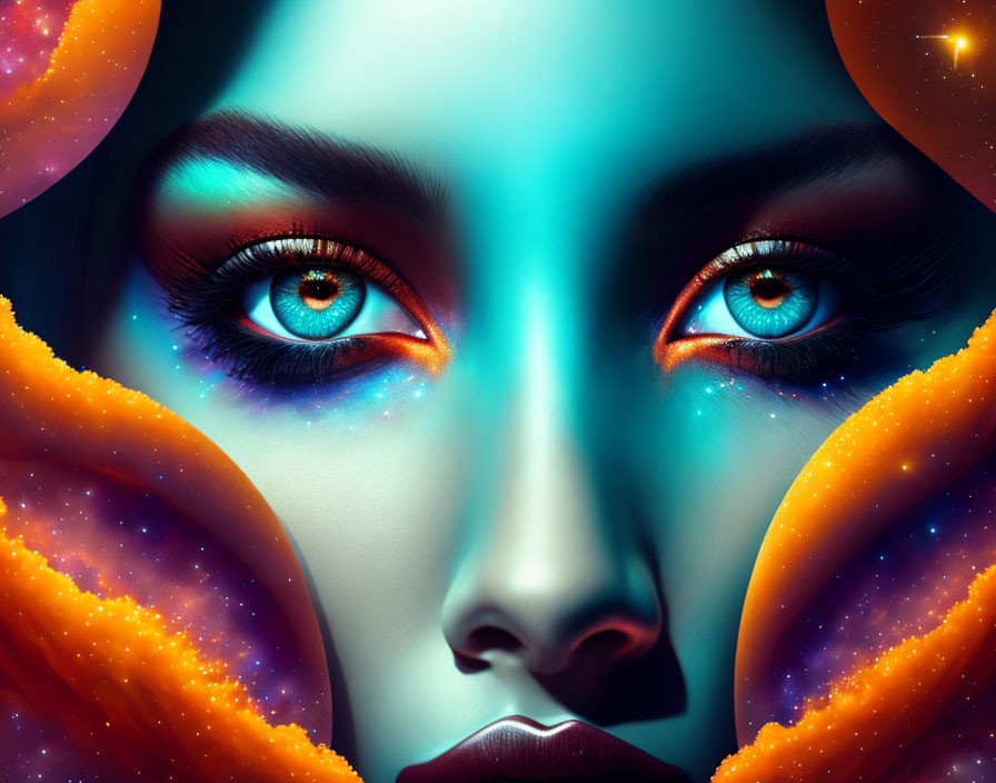 Digital artwork: Woman with vibrant blue eyes in cosmic orange and blue swirls