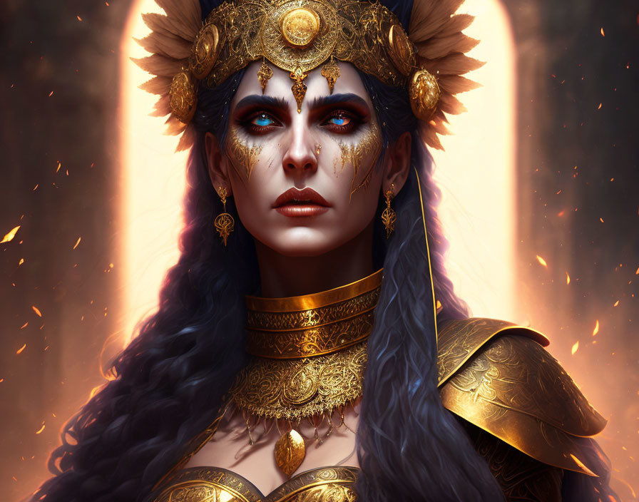 Blue-skinned woman in golden armor against fiery background