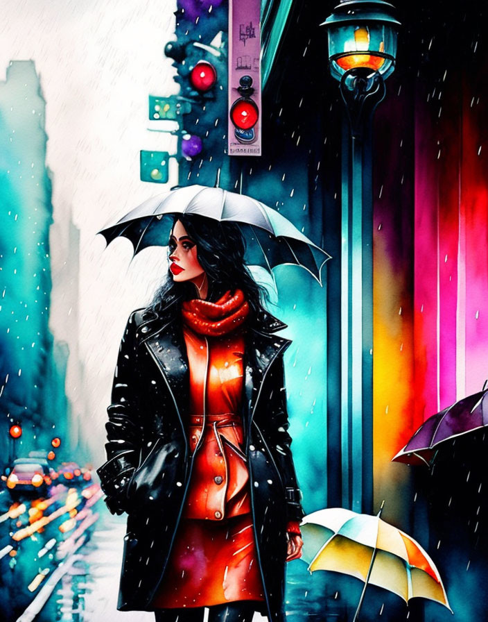 Dark-haired woman with white umbrella in colorful city rain scene