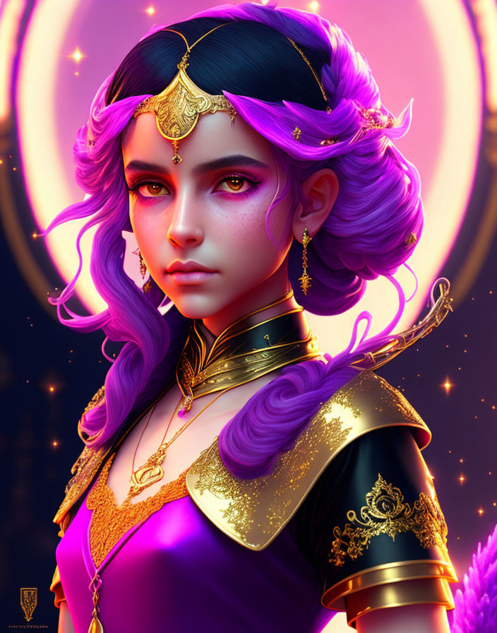 Fantasy-style illustration of woman with purple hair and moon backdrop