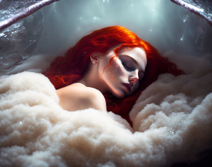 Red-haired woman floating in tranquil water surrounded by fluffy white material