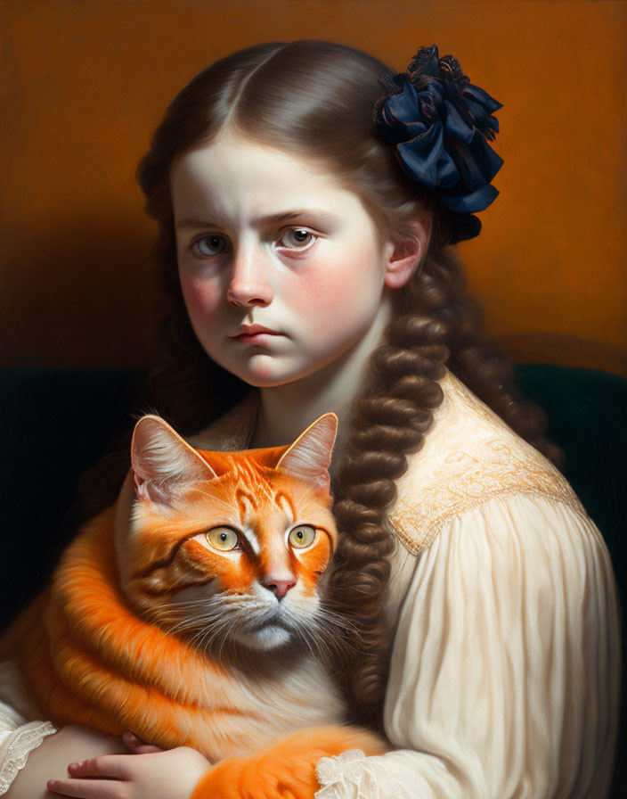 Portrait of young girl with braided hair and cat in blue hair accessory