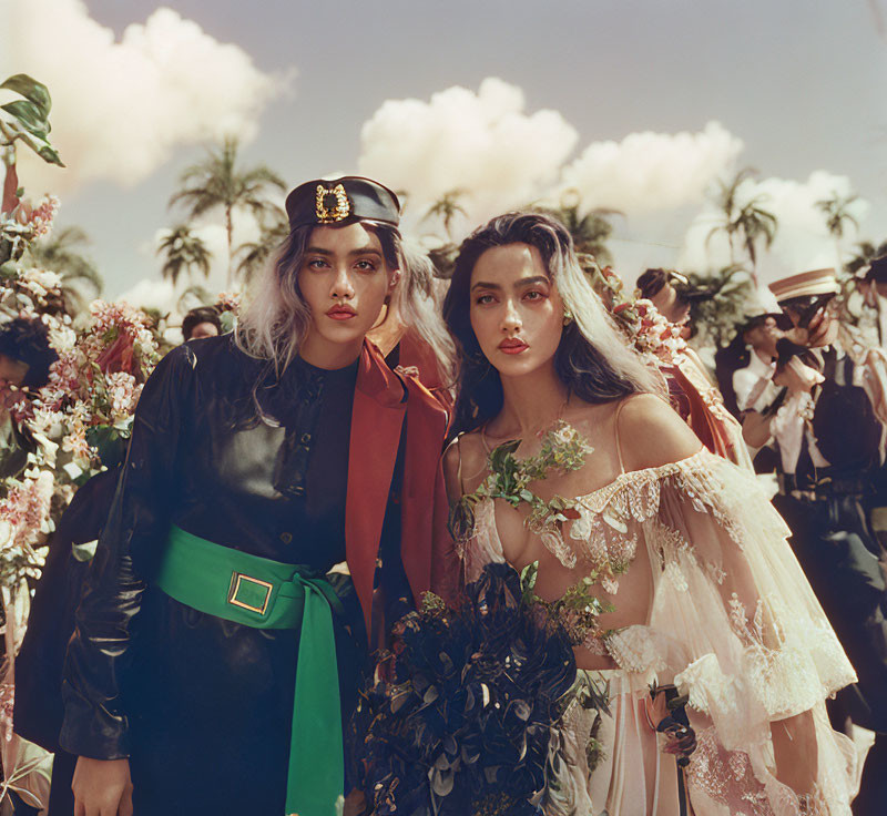 Two women in stylish outfits against floral background & sunny sky, one in black leather jacket & cap,