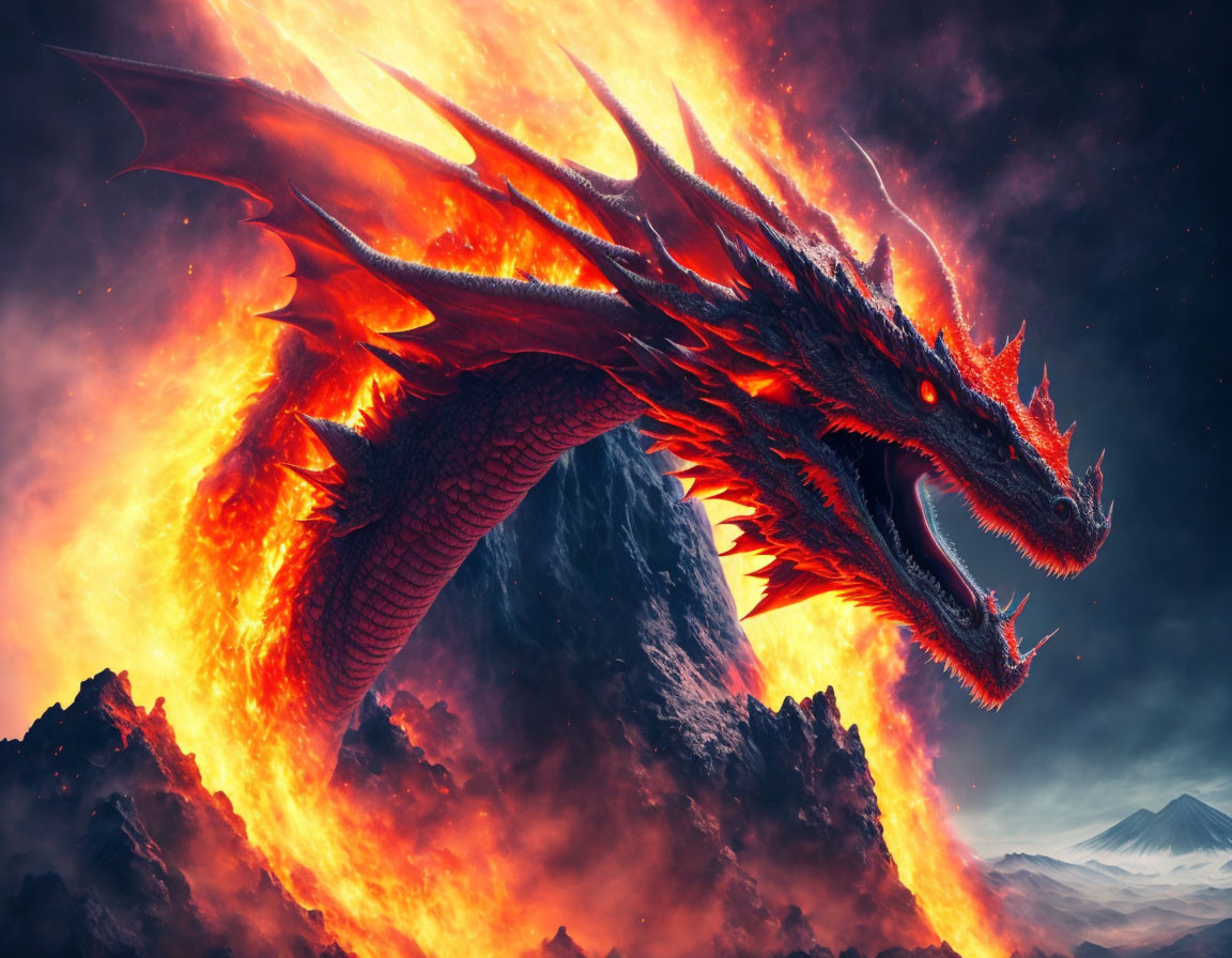 Red dragon with glowing eyes and flaming wings flying over volcanic landscape