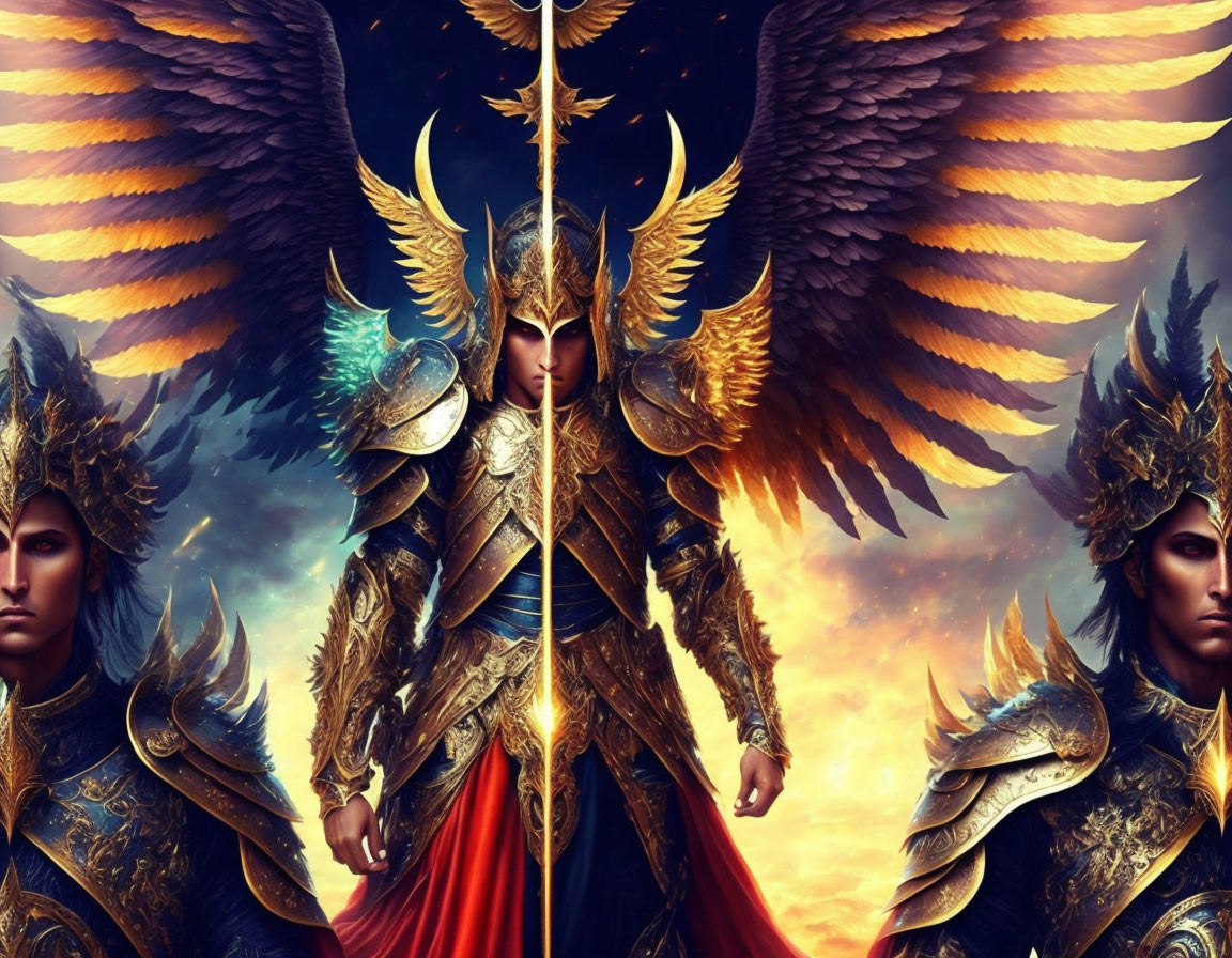 Warrior with angelic wings in golden armor and spear, surrounded by doppelgangers against celestial