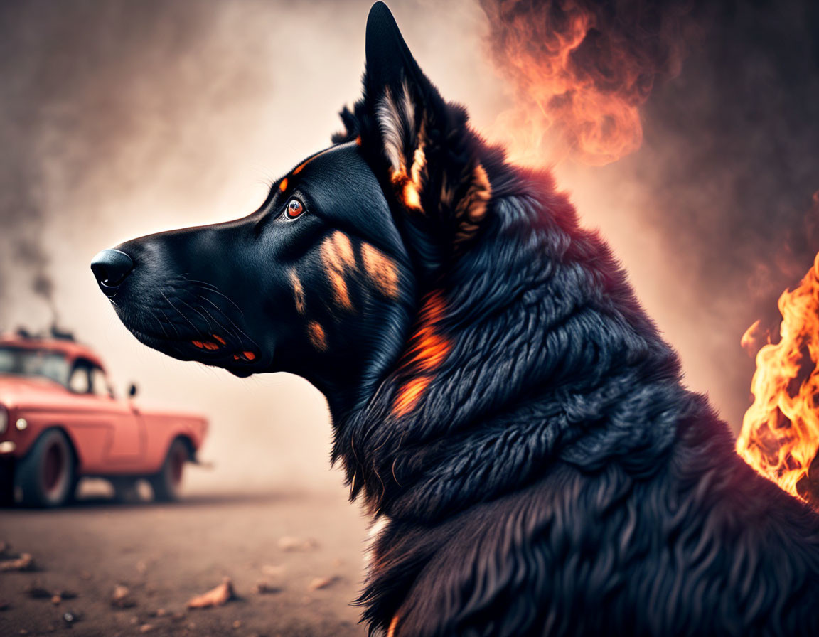 Black and Tan German Shepherd Dog with Fiery Backdrop and Vintage Car