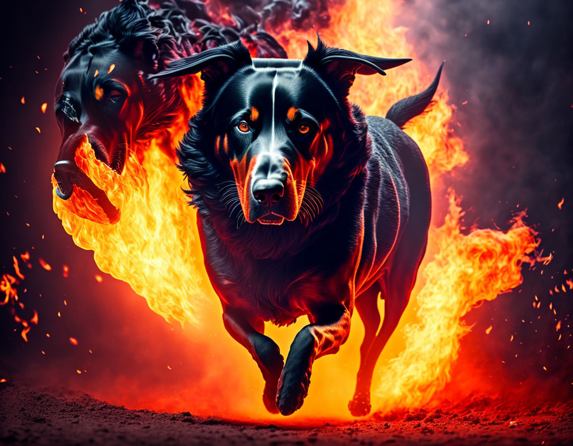 Black dogs with gleaming eyes in fiery scene