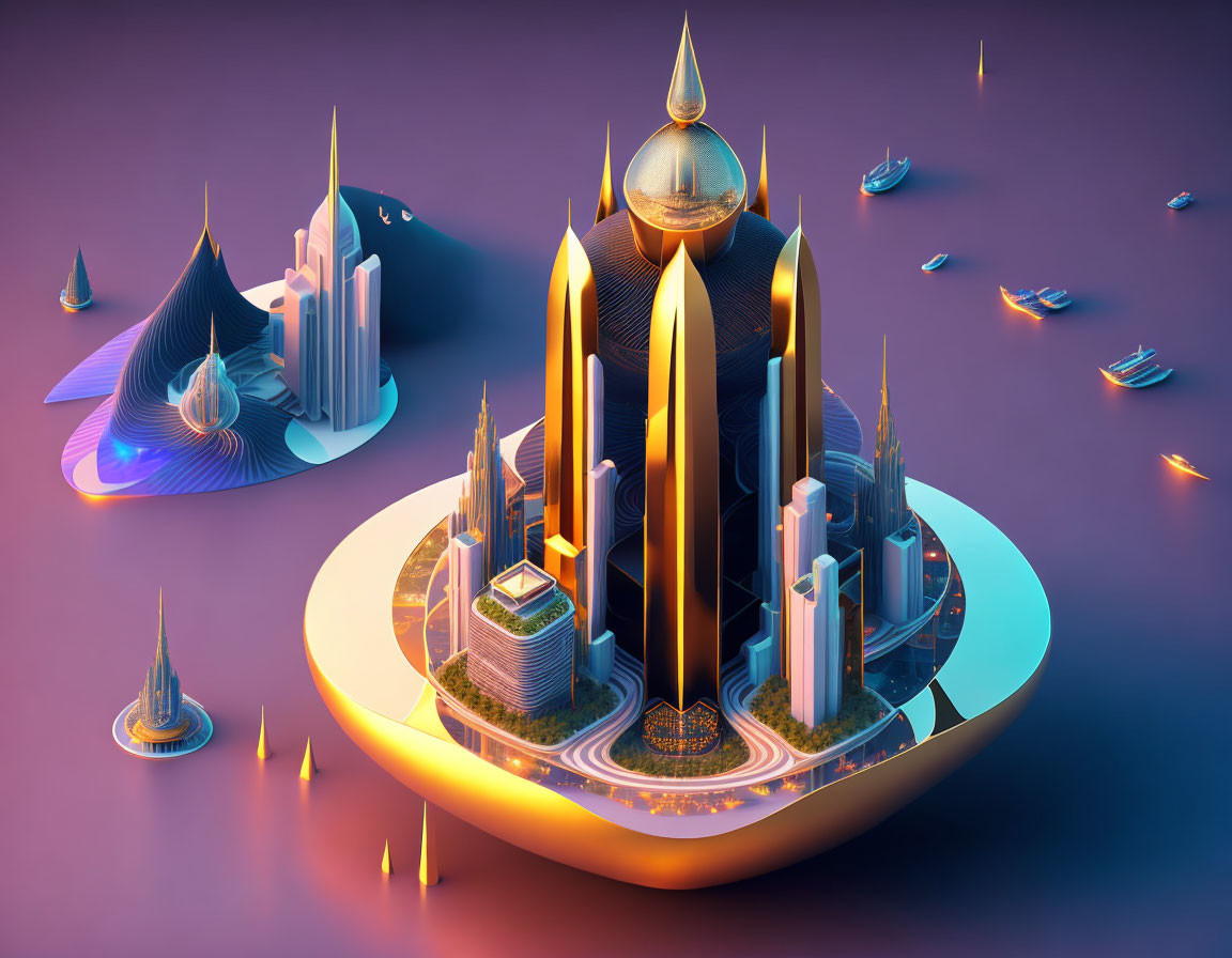 Futuristic city on island with sleek buildings, glowing lights, domes, water, boats,