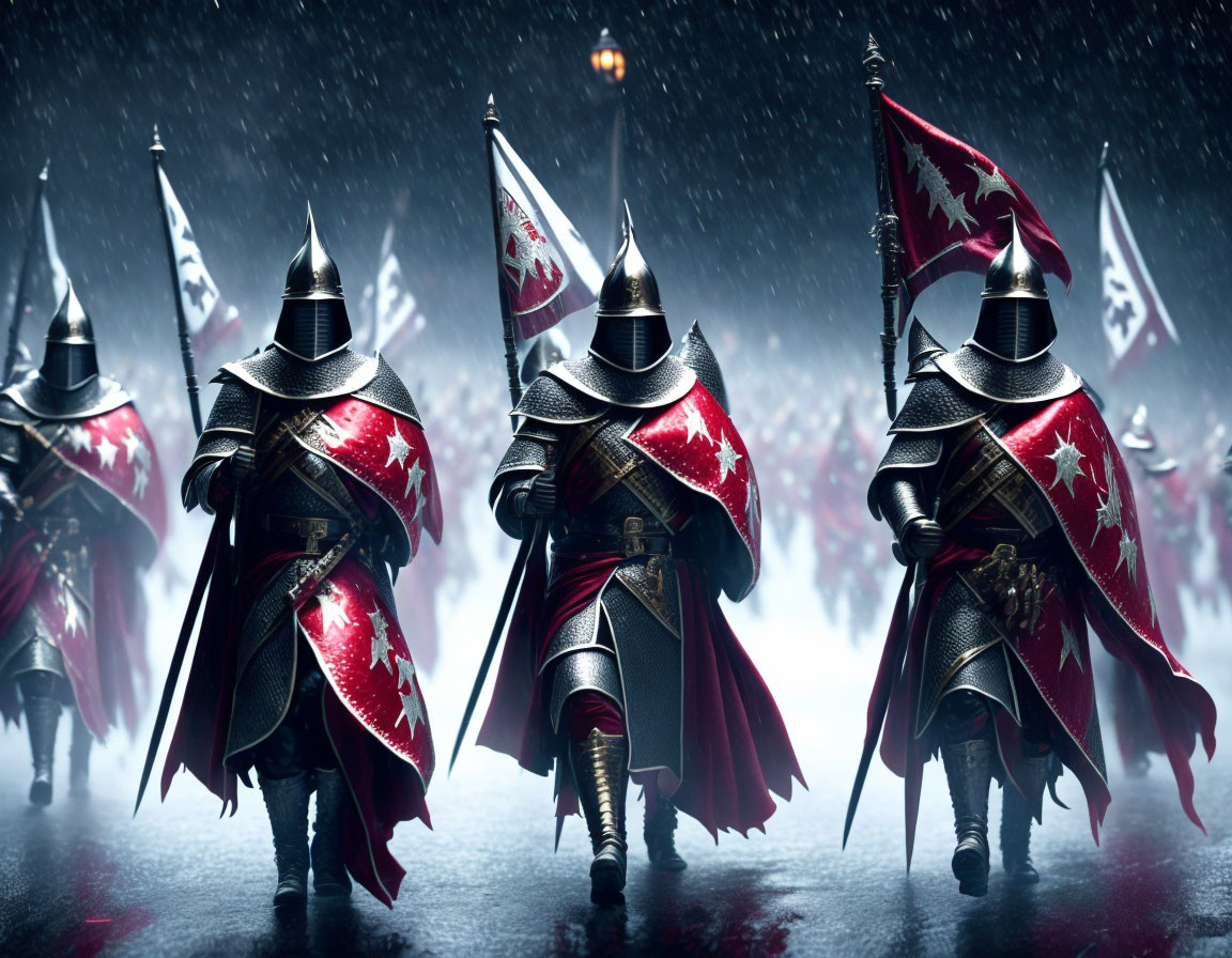 Medieval knights with red and white heraldic symbols on misty battlefield