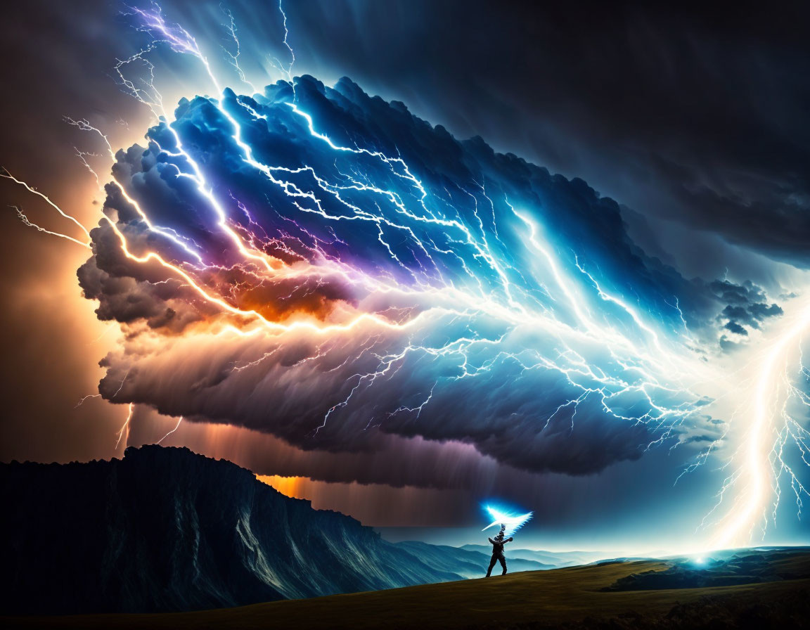 Person with umbrella under vibrant lightning bolts in dramatic sky