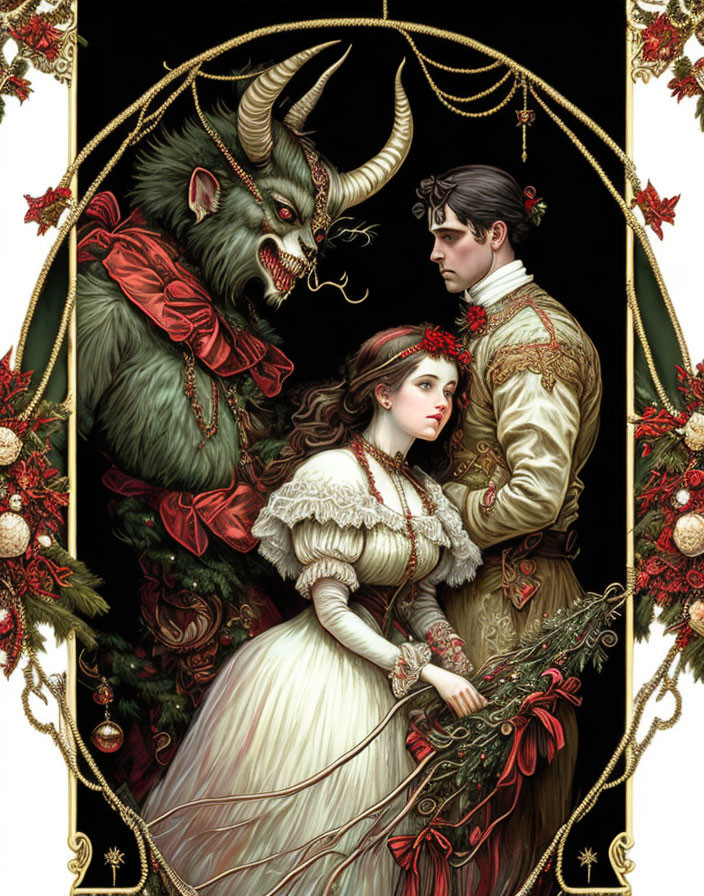 Beast-like figure with horns next to Victorian couple in holiday setting