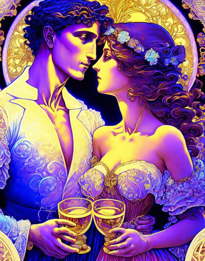 Romantic couple in ornate attire with champagne flutes in golden setting