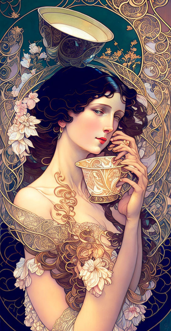 Intricate Art Nouveau Woman Holding Cup with Flowing Hair