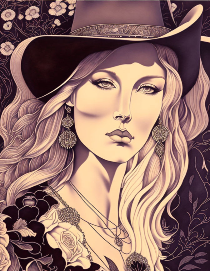 Woman with Long Wavy Hair in Cowboy Hat and Floral Background