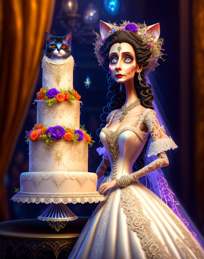 Detailed animated woman in wedding dress with cat topper beside tiered cake in opulent setting