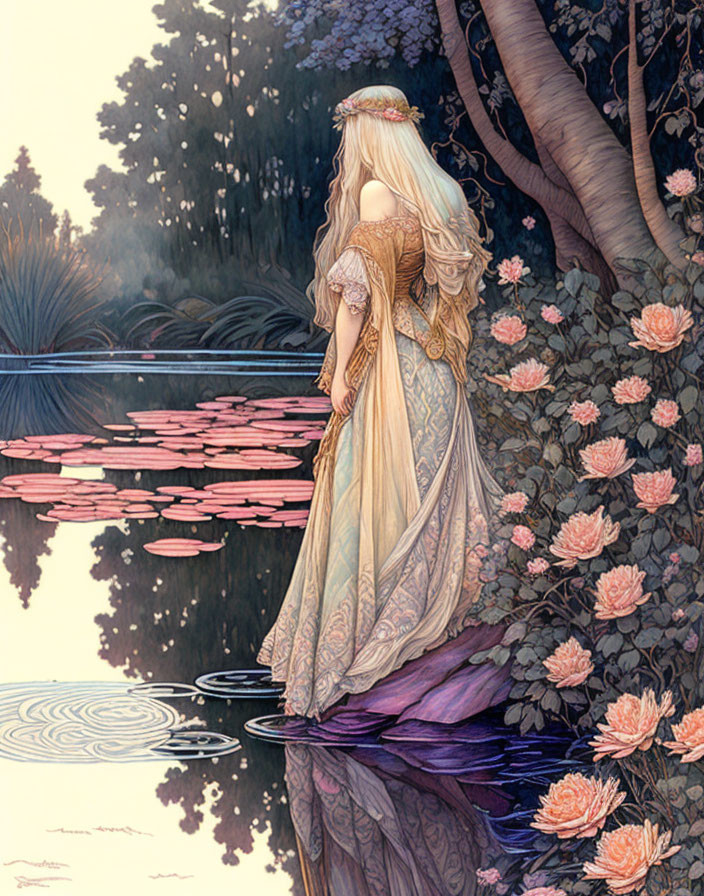 Woman in flowing gown by pond with water lilies at twilight forest.