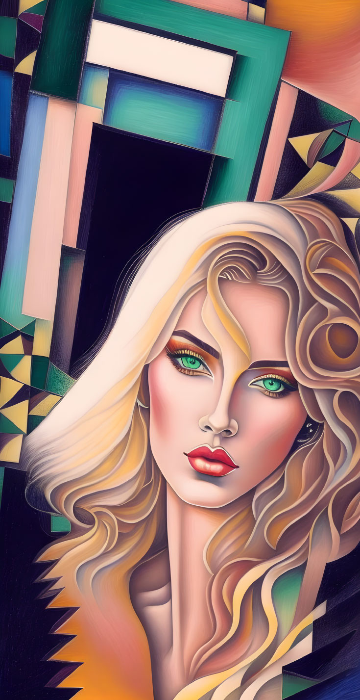 Abstract cubist art featuring woman with green eyes and blonde hair