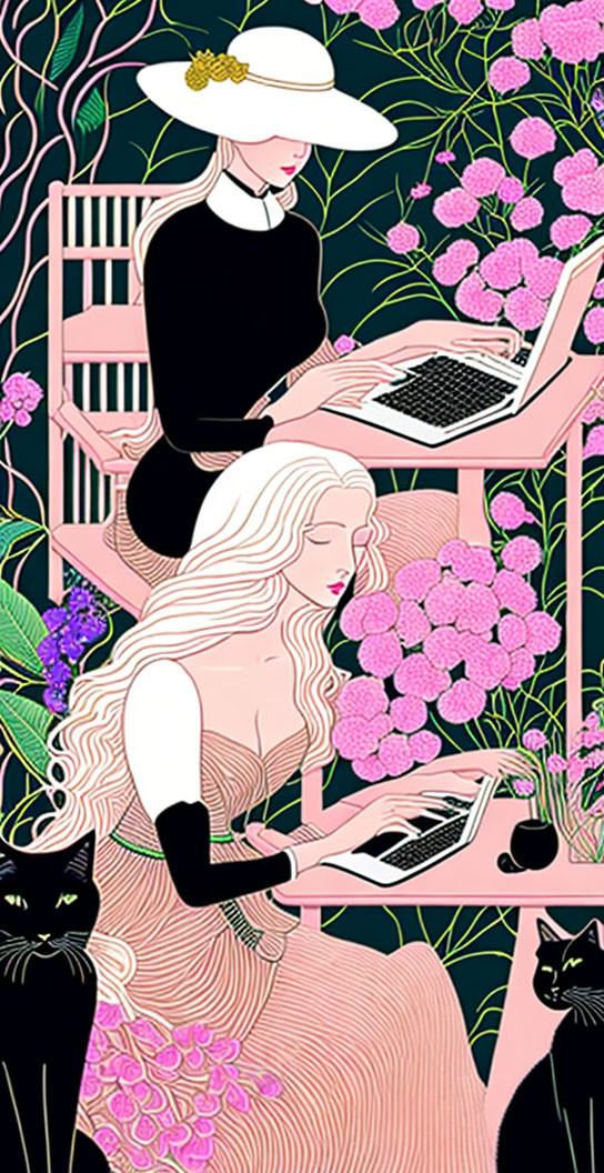 Two women with laptop on pink chair surrounded by flowers and cats in floral background