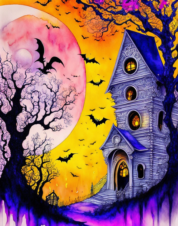 Illustration of haunted house with pink moon and bats in purple sky