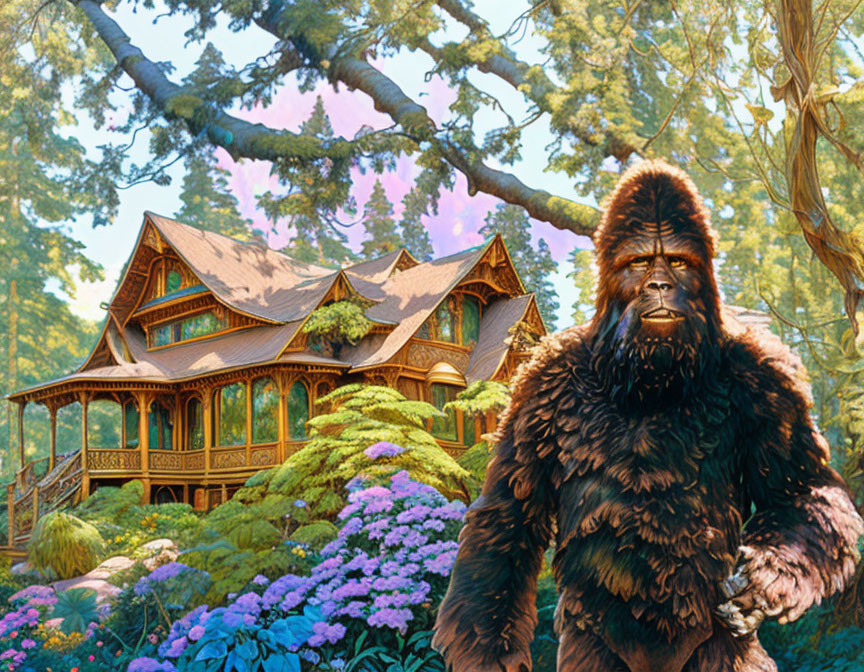 Hairy Bigfoot-like creature in front of Victorian house in lush forest