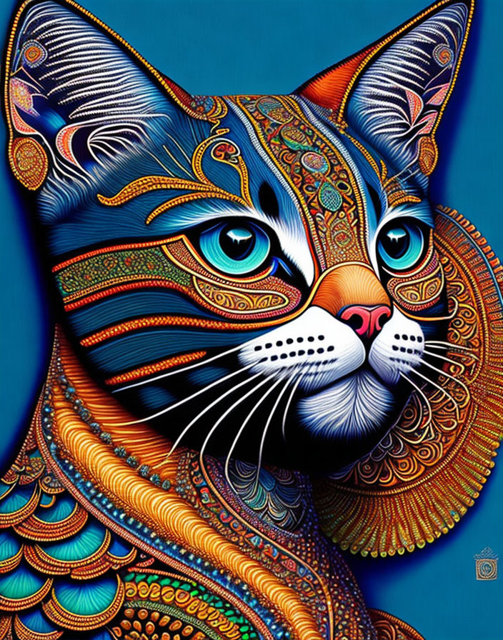 Colorful Digital Artwork: Intricate Cat Design in Blue, Orange, and Gold