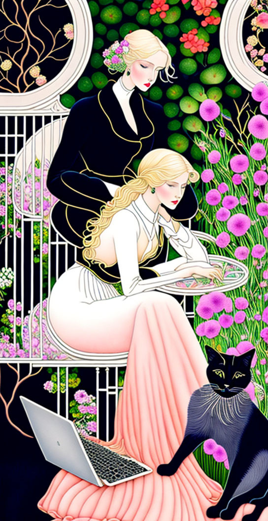 Stylized women in ornate garden with laptop, black cat, and vibrant flowers