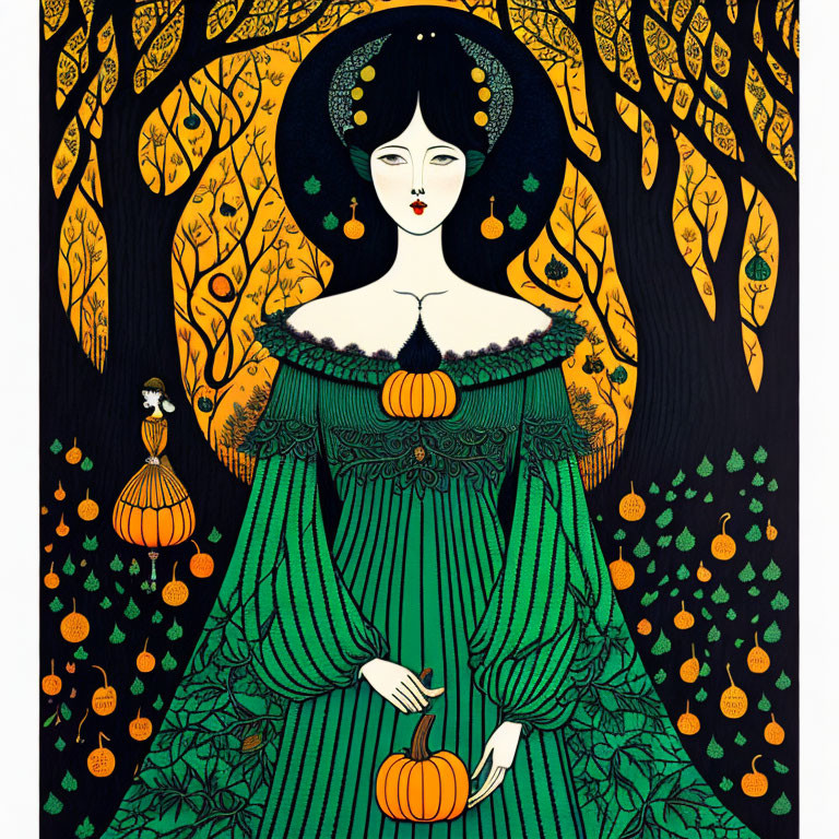 Woman in Green Dress Holding Pumpkin in Autumn Scene