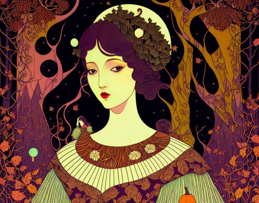 Fantastical autumn forest scene with woman featuring purple hair and moon & stars styling