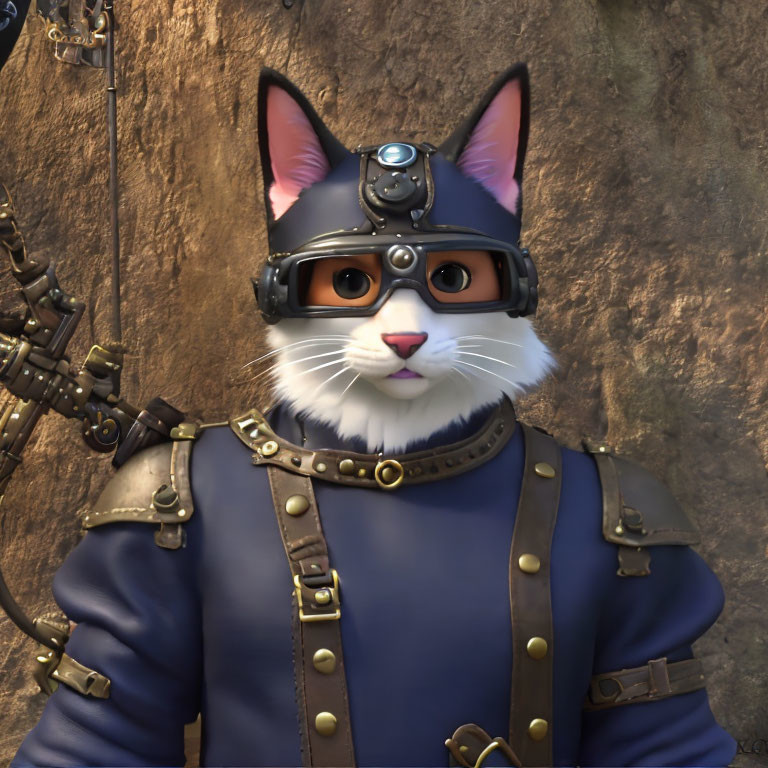 Anthropomorphic cat digital art in aviator gear with blue jacket