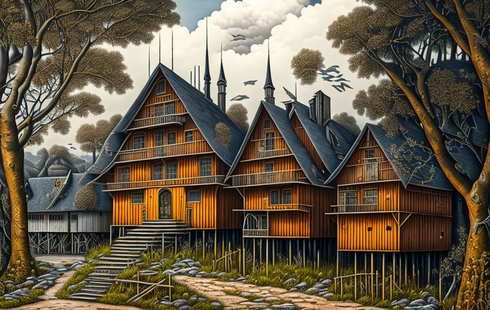 Detailed wooden house surrounded by trees and birds - Artistic Rendering