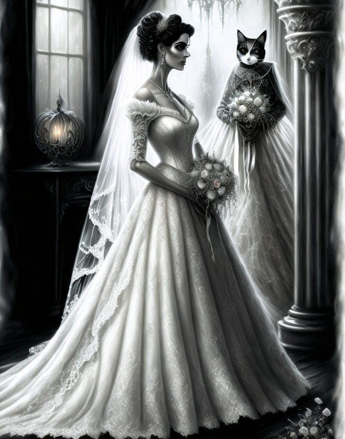 Gothic-style bride in white gown with masked cat in dimly lit room