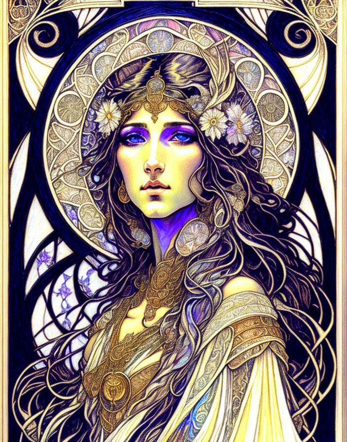 Art Nouveau Woman Illustration with Flowing Hair and Intricate Headpiece