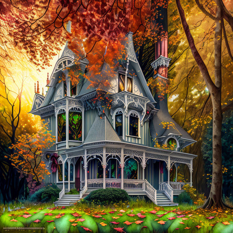 Illustrated Victorian house in autumn forest with colorful foliage