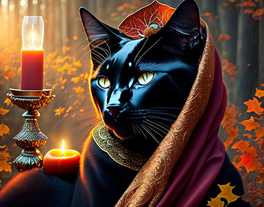 Black Cat with Blue Eyes in Red Cloak and Collar by Candle and Autumn Leaves