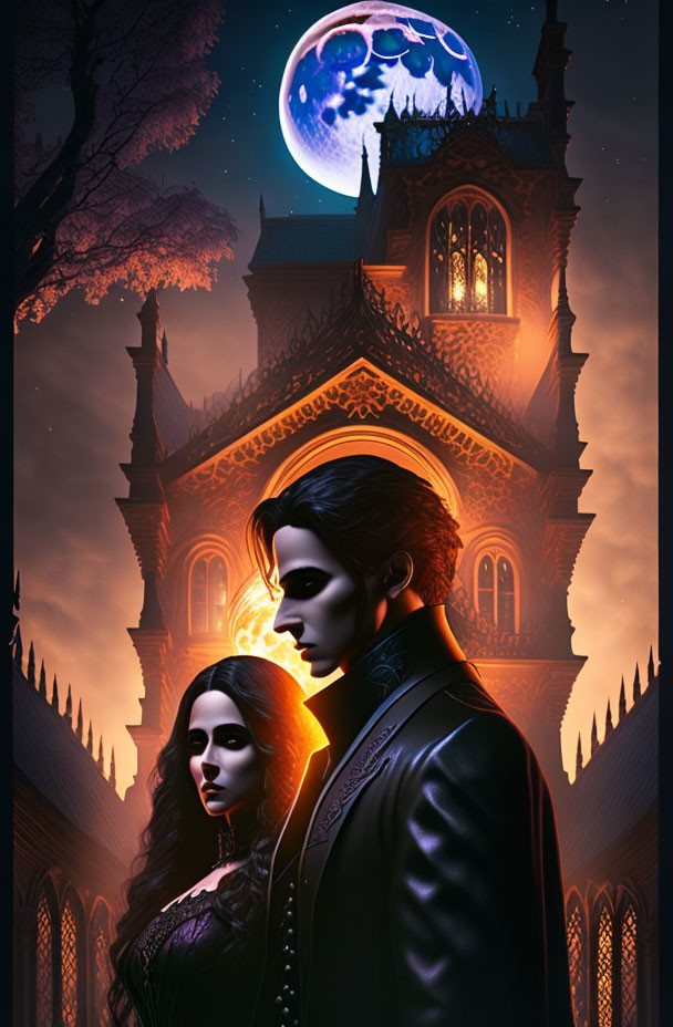 Gothic-styled couple at ornate mansion under blue moon