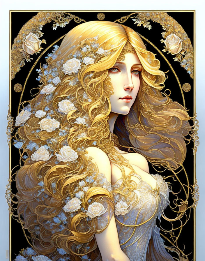 Illustration of woman with long golden hair and white roses in decorative border