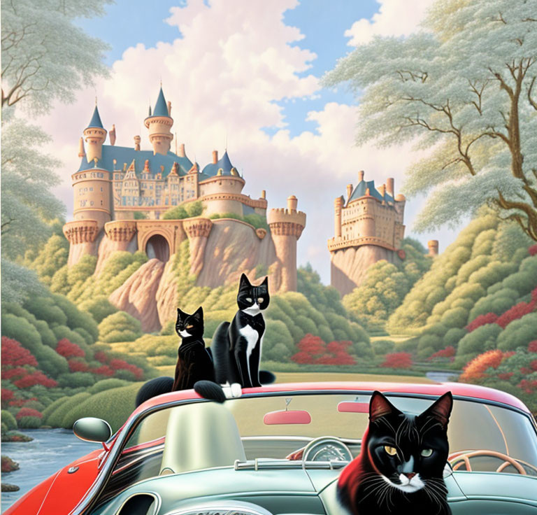 Two cats on red car in front of fairytale castle in lush greenery.