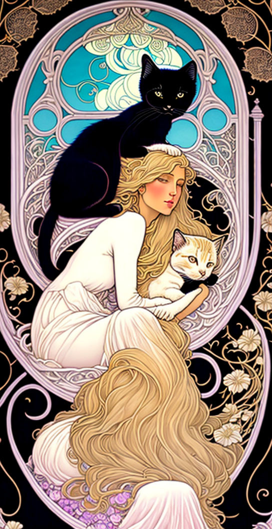 Woman in White Embracing Cream Cat with Black Cat in Ornate Background