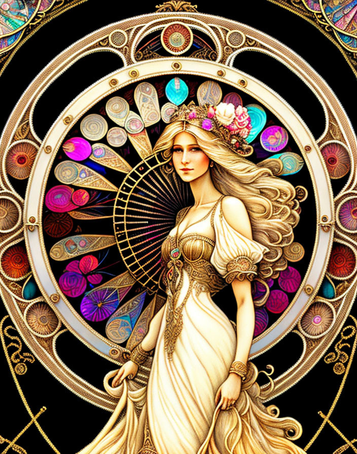 Ethereal woman in cream dress with flowing hair in ornate golden mandala