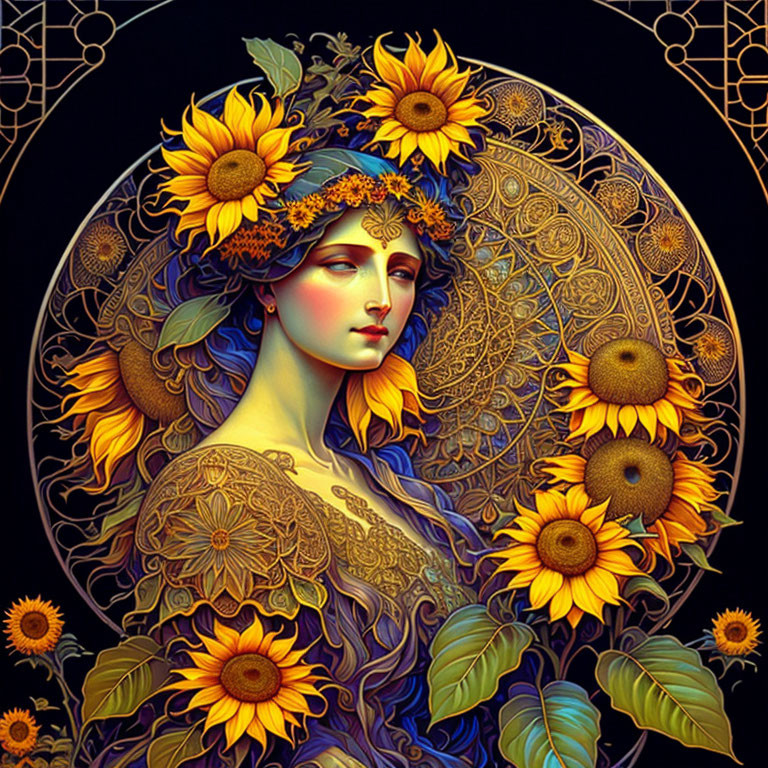 Stylized portrait of a woman with sunflowers and intricate patterns in rich color palette