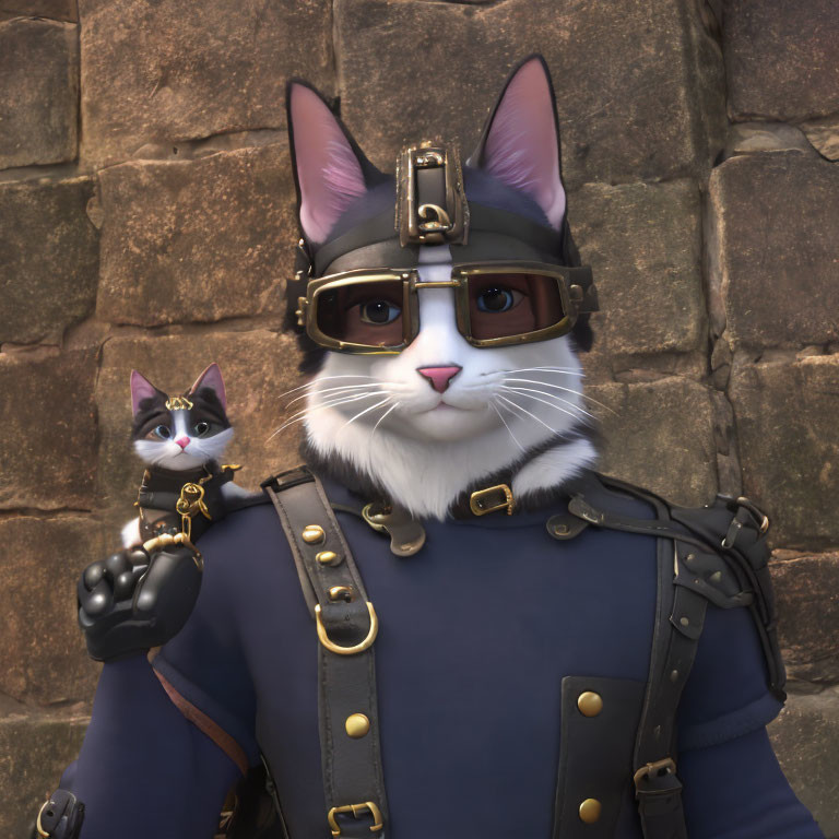 Anthropomorphic cat pilot holding kitten in matching outfit against stone wall.