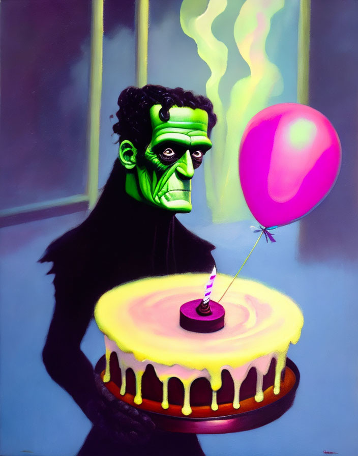 Colorful Painting: Frankenstein's Monster with Birthday Cake & Balloon