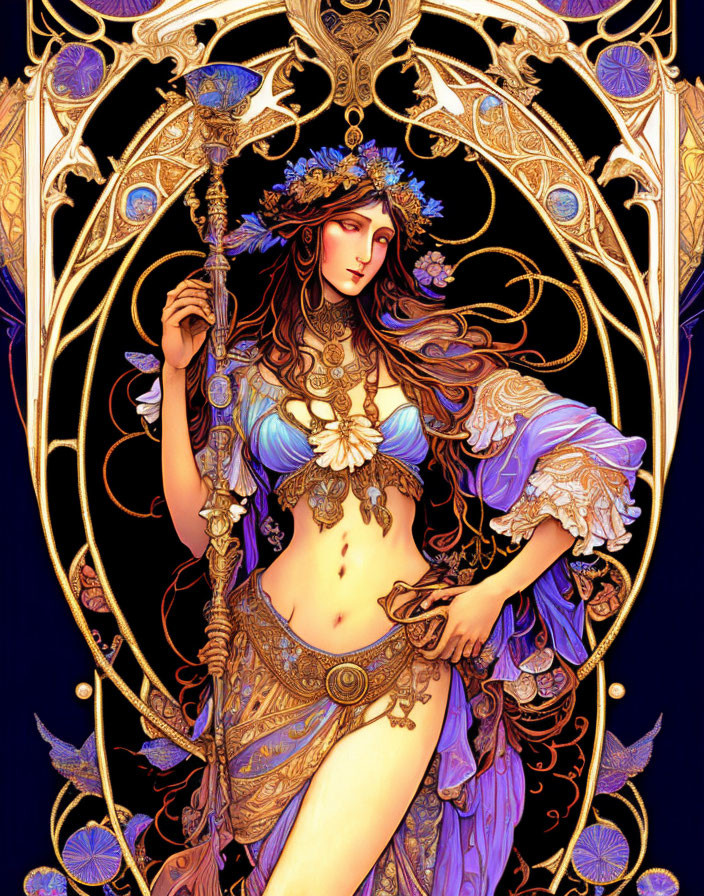 Illustrated woman in ornate blue and gold attire within intricate golden frame